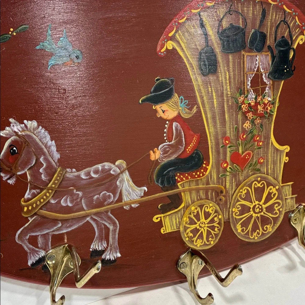 Tole Ware Coat Rack VTG Red Wall Decor W Brass Hooks Painted Colorful Dog Man